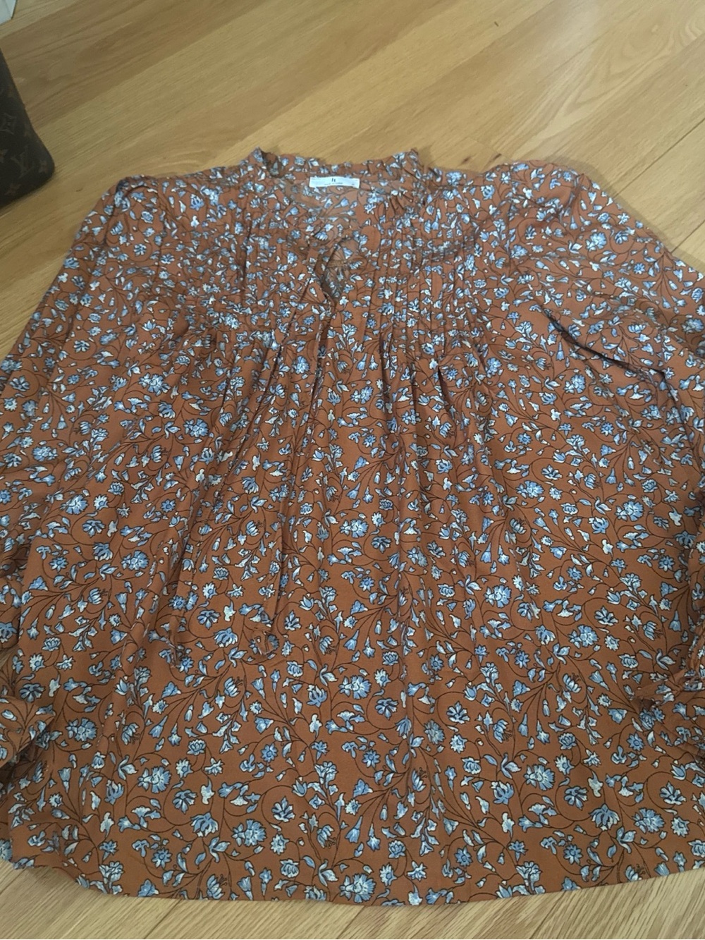 !it jeans Rust Floral Smocked Yoke Tunic with Blue Accents